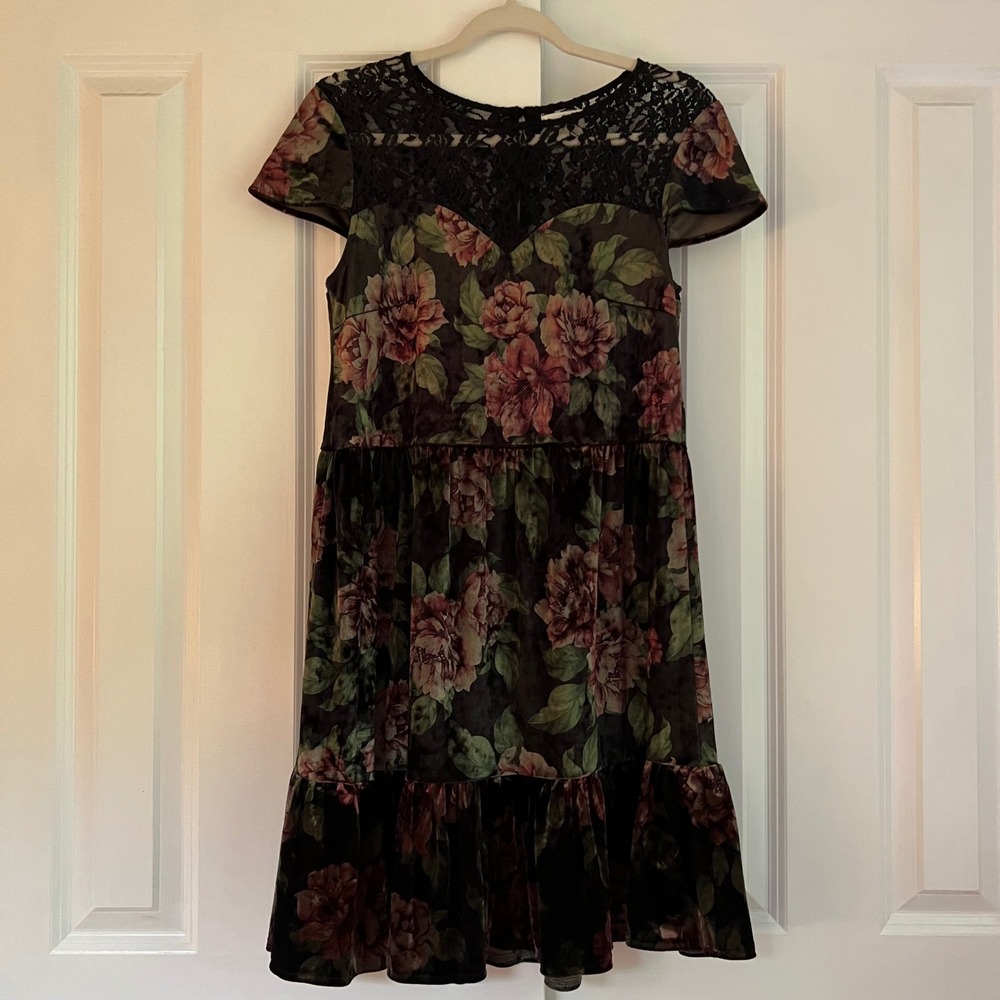 Deletta Anthropologie Black Velvet Floral Lace Yoke Whimsigoth Mini Dress Size S